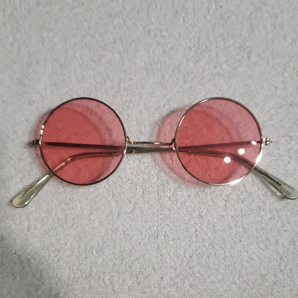 Round Pink Lens Sunglasses Women's Chic Hippie 60s Peace Love Rounded